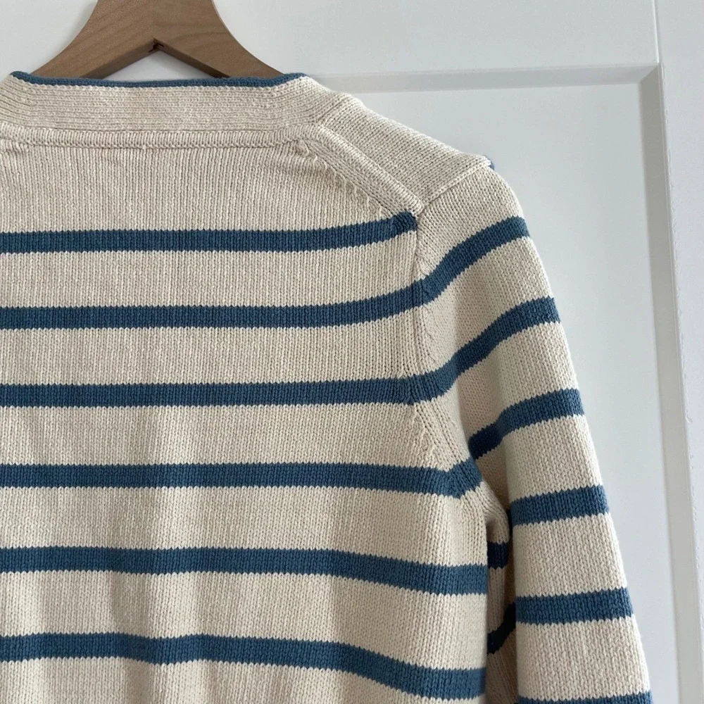 Veronica Beard Noorie Cardigan Sz Medium Ivory Blue Striped Cotton Chic Classic - Picture 14 of 16
